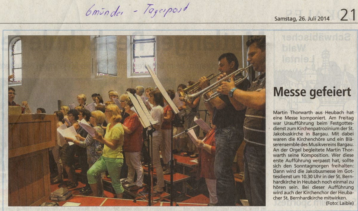 Zeitungsbericht zur Uraufführung der Jakobusmesse von Martin Thorwarth