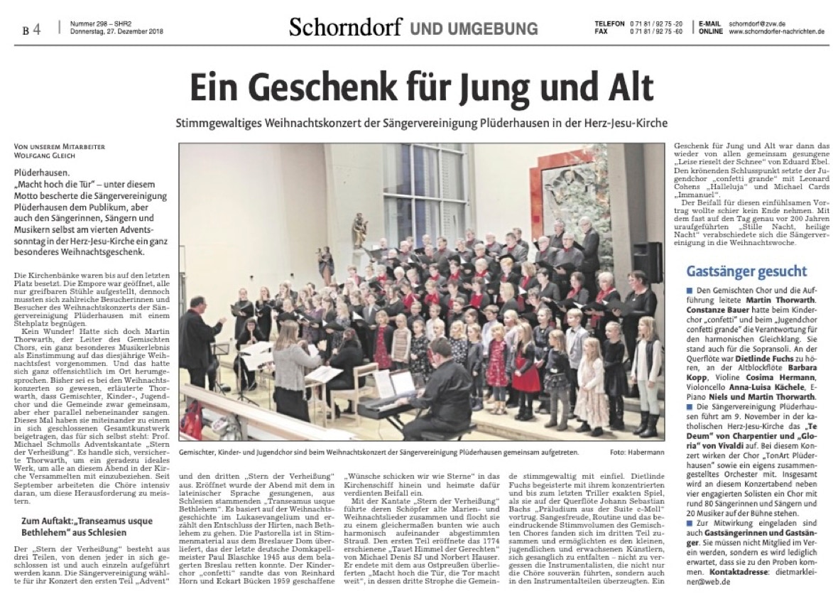 Zeitungsbericht zur Aufführung des traditionellen Weihnachtskonzertes "Macht hoch die Tür" im Jahr 2018 in Plüderhausen