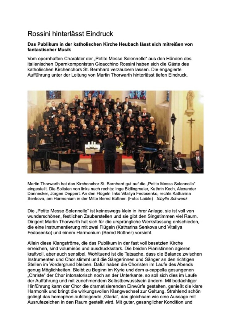 Zeitungsbericht zur Aufführung von Rossinis "Petit Messe Solenelle" in Heubach